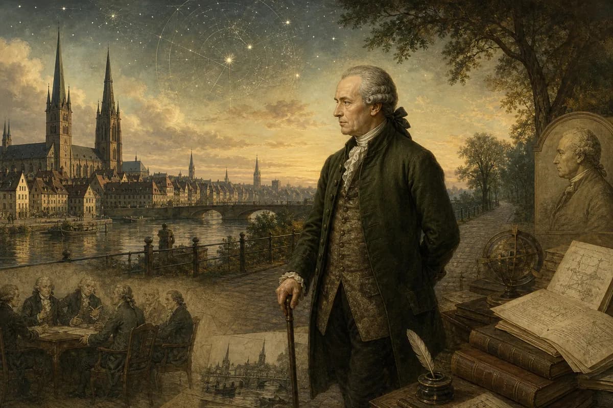 Kant on his punctual Königsberg walk at dawn, critique pages and starry moral law above cathedral towers.