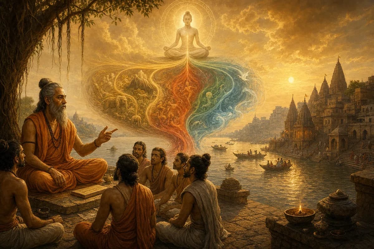 Kapila teaches Samkhya at Varanasi, purusha witnessing prakriti's three strands dance, spirit and matter divided.