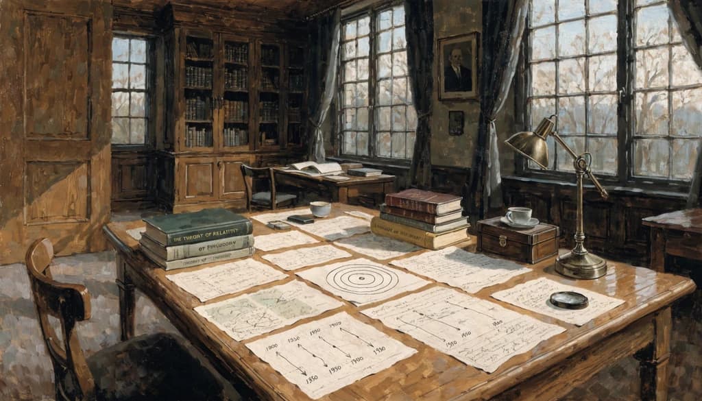 Princeton Institute for Advanced Study, 1962, scientific paradigm diagrams and history-of-science charts on a desk, morning light from tall windows, physics texts beside philosophy books.