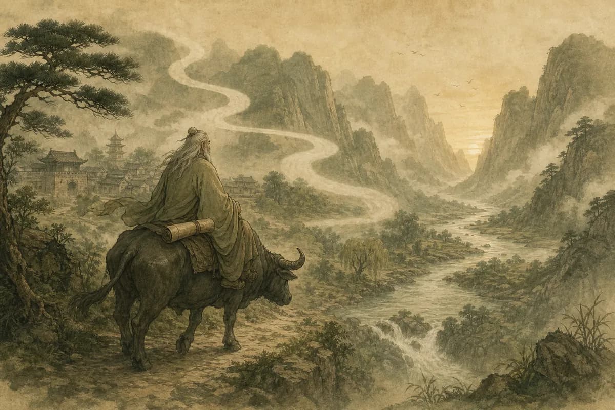 Laozi rides an ox toward a misty western pass, leaving civilization with the Dao De Jing, pine forest and flowing river.