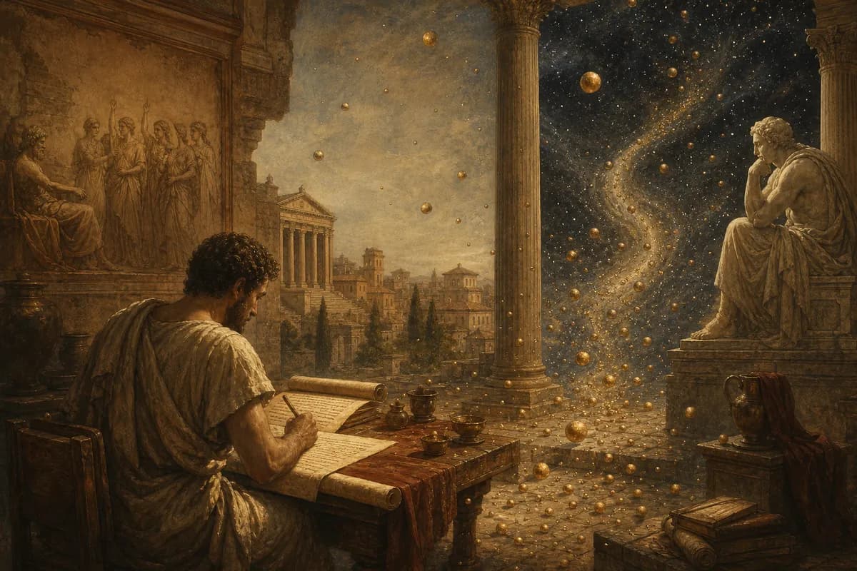 Lucretius Roma'da şiir yazıyor; sütunlar arasında altın atomlar boşlukta dönüyor, yıldızlar ve boşluk Epikürosçu fiziği çağrıştırıyor.