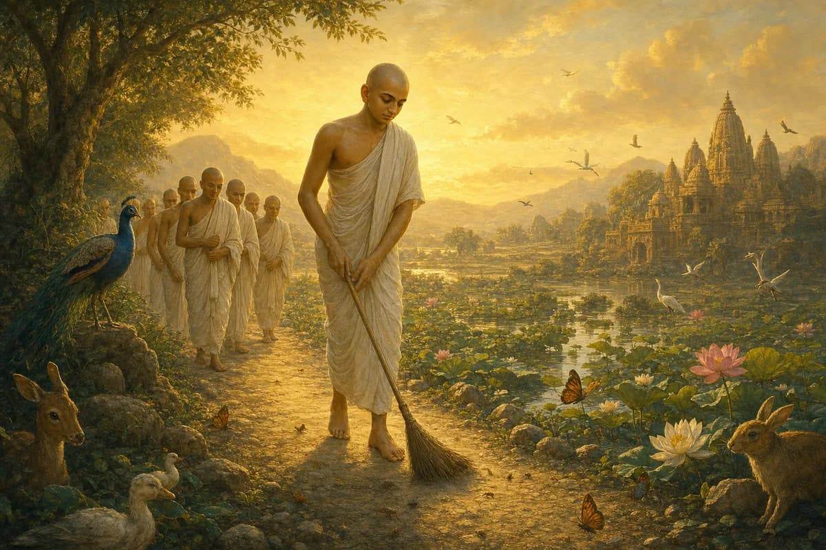 Mahavira çıplak ayak yürüyor, yolu süpürüyor; her dikkatli adımda ahimsa ve anekantavada, Jain çileciler ve lotus göletleri.