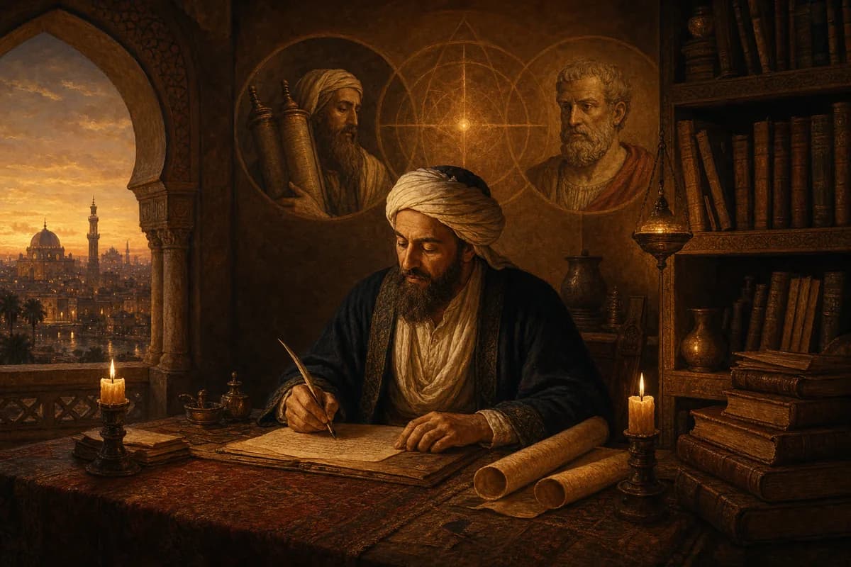 Maimonides Kahire'de Rehber'i yazıyor; Tevrat ile Aristoteles Saladin sarayında uzlaşıyor, hekim ve filozof.