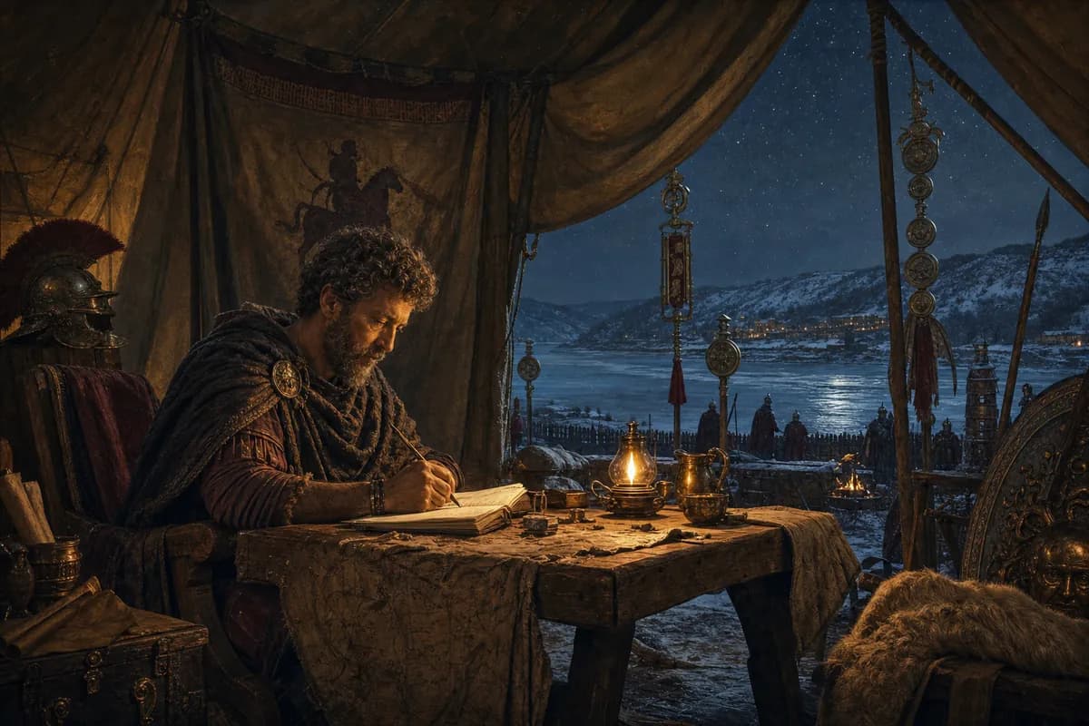 Marcus Aurelius gece Tuna önündeki bir ordugâh çadırında yazıyor; yağ lambası, Roma sancakları, nehir üzerinde kar ve yıldızlar.