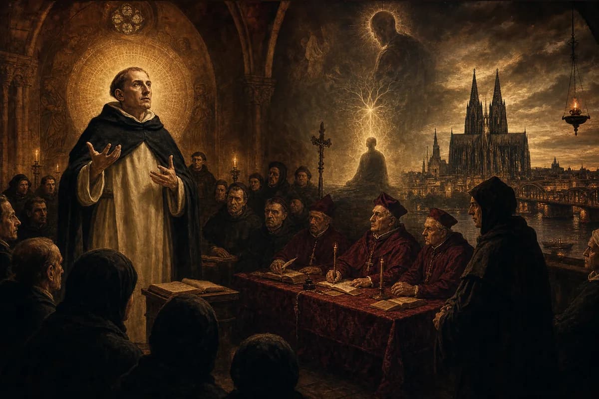 Meister Eckhart Köln'de sıyrılmayı vaaz ediyor; ruhun zemini ile Tanrı'nın zemini bir, halk dili mistisizmi yargılanıyor.