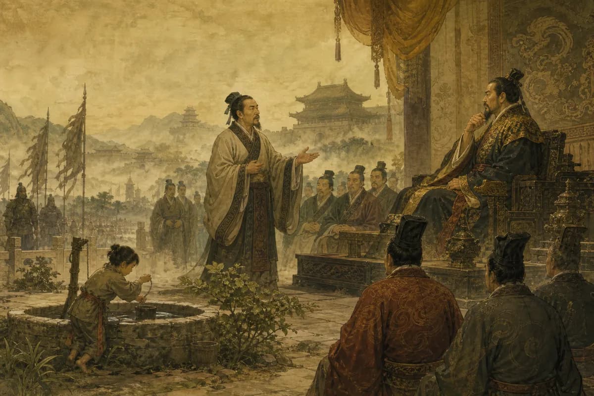 Mencius Savaşan Devletler kralına iyilikle yönetmeyi savunuyor; kuyu yanındaki çocuk doğuştan merhameti çağrıştırıyor.