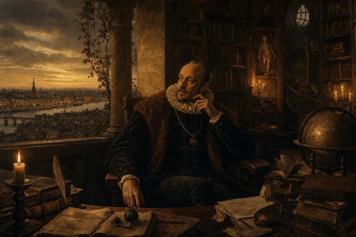 Montaigne writes Essays in his tower library near Bordeaux, what do I know carved into introspection.