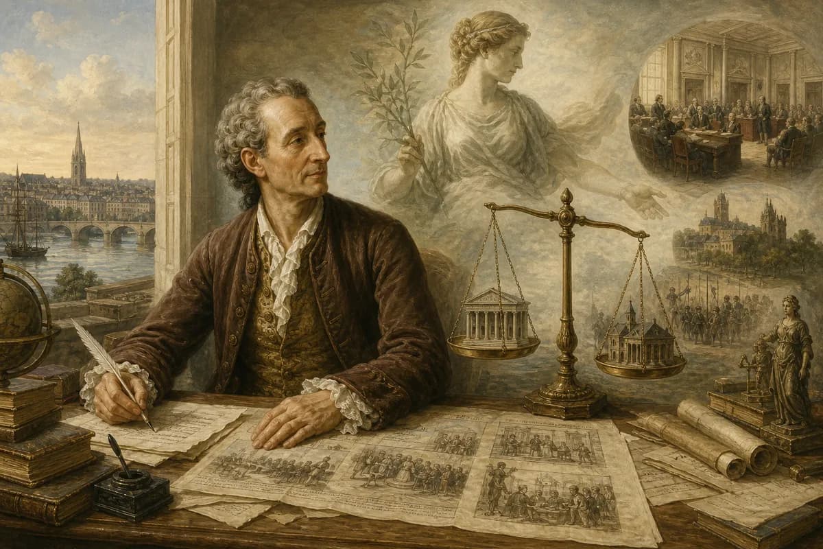 Montesquieu compares governments at Bordeaux desk, separated powers like balanced scales, liberty in structure.