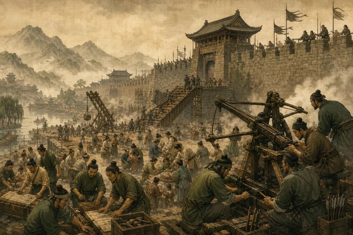 Mozi ve Mohist mühendisler kuşatma aletleriyle bir suru savunuyor; savaş çağında yabancılara disiplinli özen.