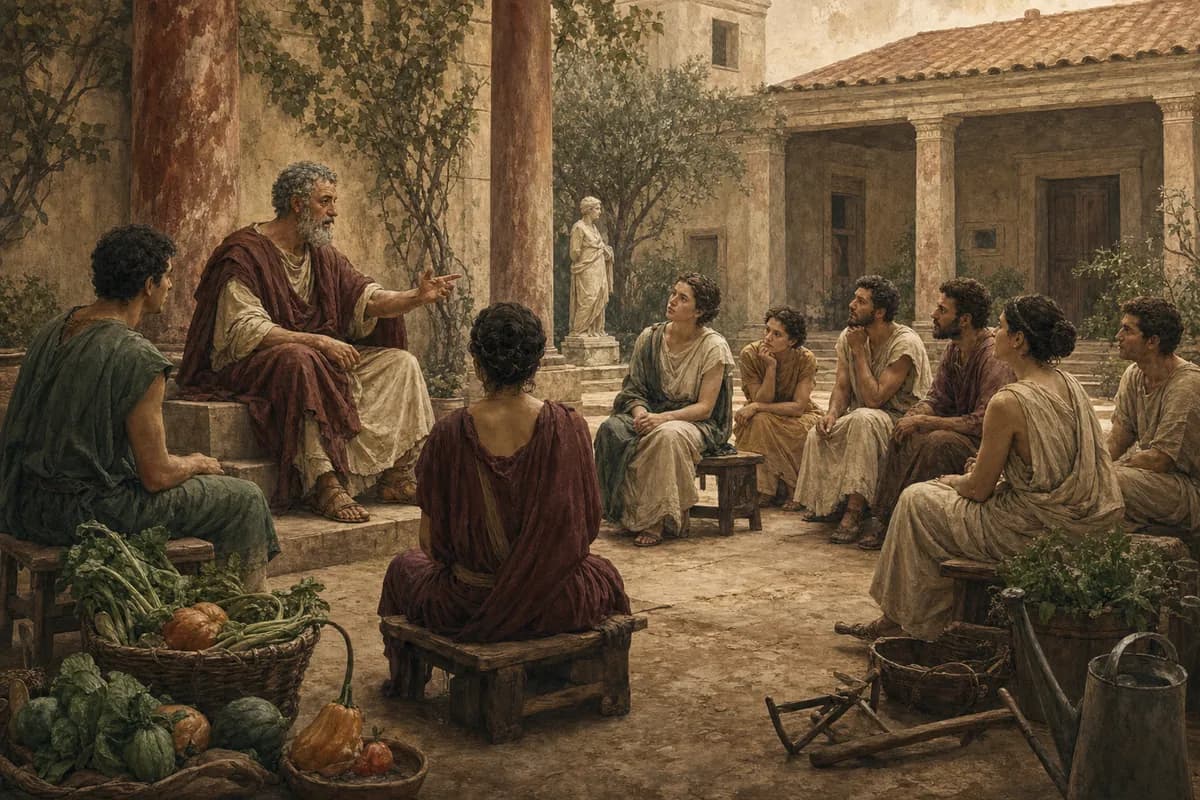 Musonius Rufus teaches in a Roman courtyard where men and women sit together, simple tools and vegetables suggesting philosophy as daily practice.