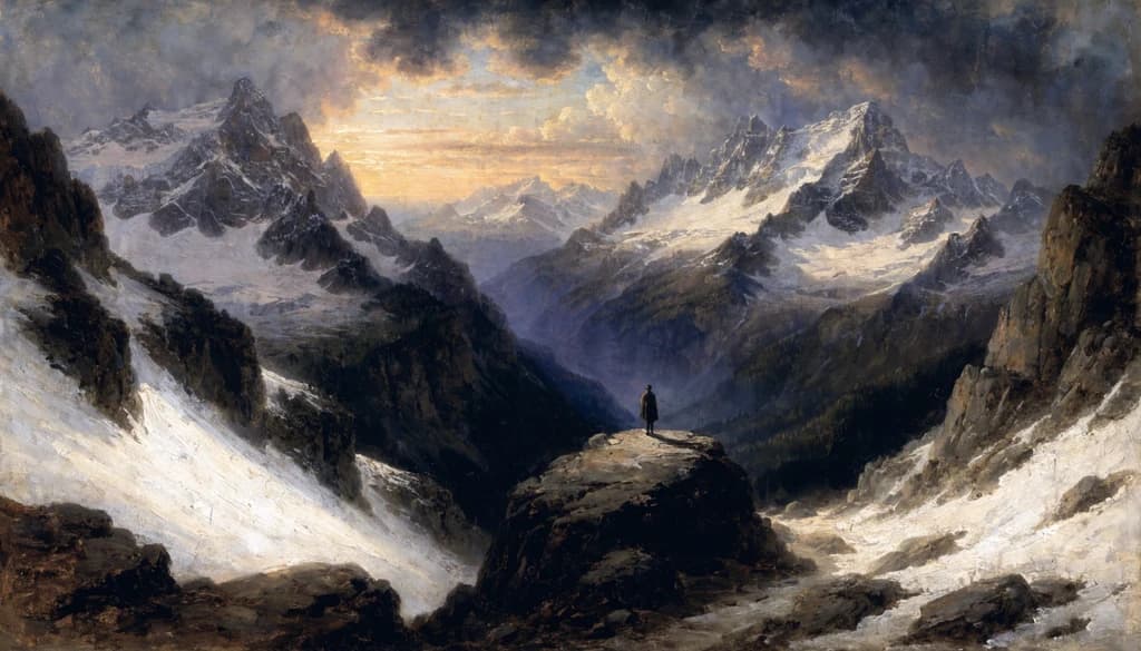 A lone figure stands on an Alpine mountain pass at sunset, snow-capped Swiss peaks in every direction, storm clouds gathering, the valley in shadow below.