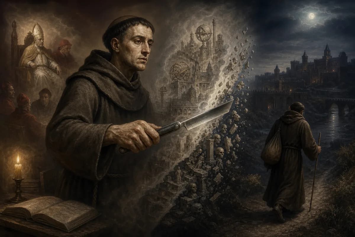William of Ockham flees Avignon by night, razor cutting through metaphysical excess, Munich exile and Franciscan poverty.
