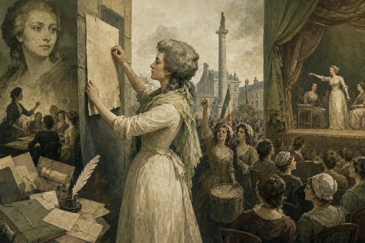 Olympe de Gouges posts Declaration of the Rights of Woman in Paris, revolution charter rewritten for all citizens.