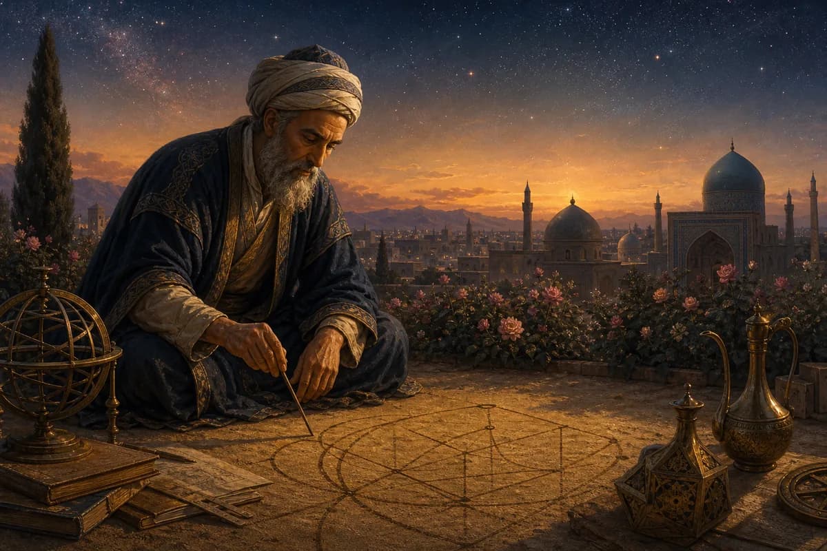 Omar Khayyam traces cubic curves in sand beside a rose garden, stars wheeling over Nishapur as night falls.