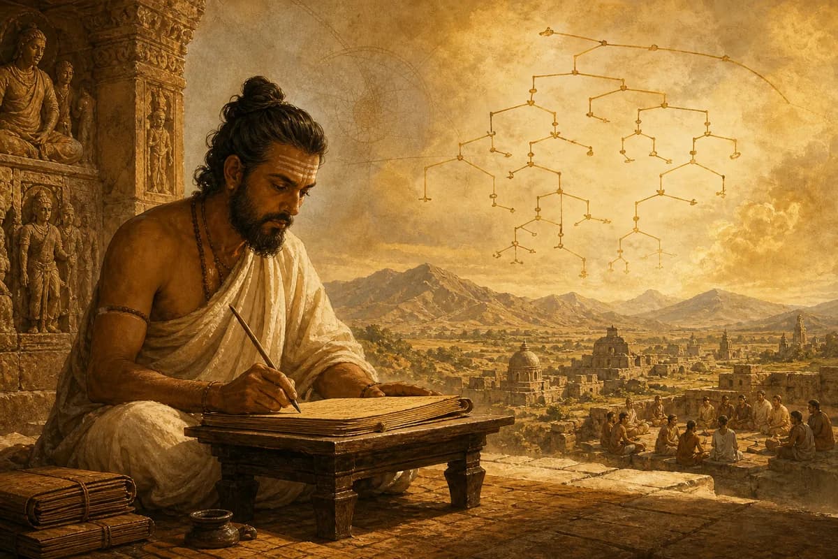 Panini Gandhara'da Ashtadhyayi'yi yazıyor; dört bin Sanskrit kuralı biçimsel bir ağaç gibi dallanıyor, uzakta Taxila tepeleri.