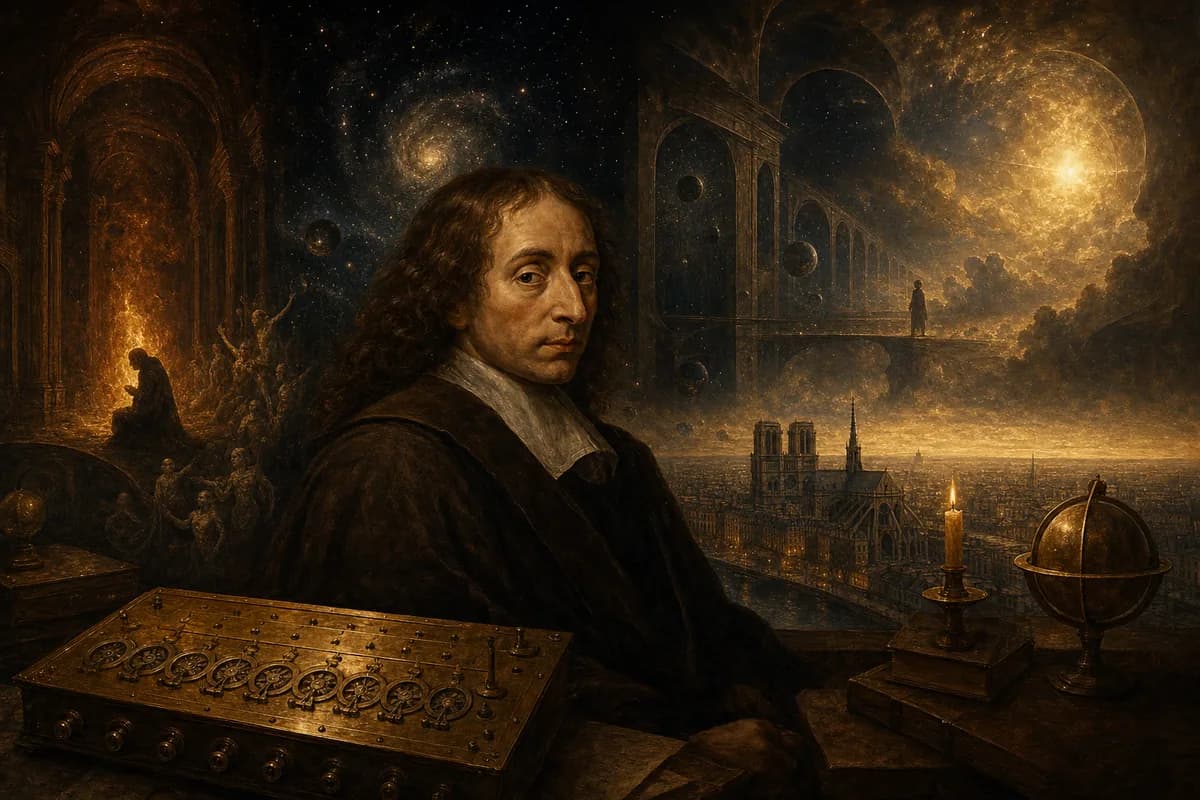 Pascal after the Night of Fire, infinite spaces and calculating machine, wager written in fragment light.
