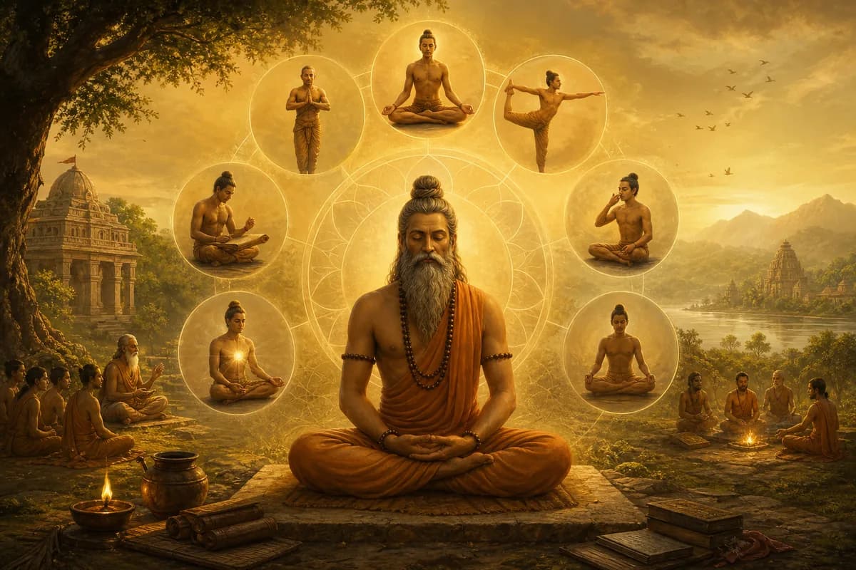 Patanjali meditates in stillness, eight limbs of yoga ascending from posture to samadhi, mind's fluctuations settling.