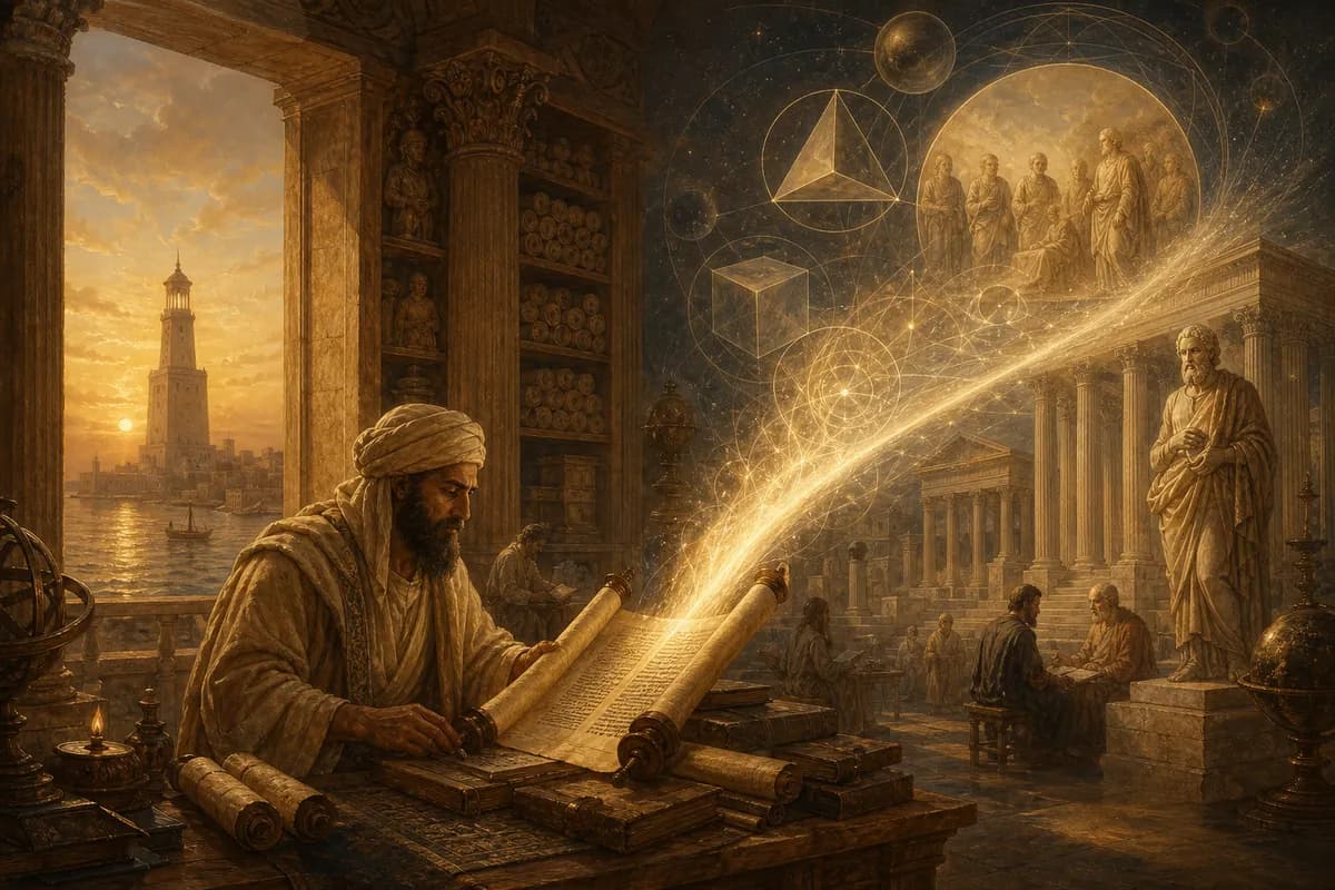 Philo reads Torah beside Greek columns in Alexandria, divine Logos as a bridge of light between Hebrew scripture and Platonic forms.