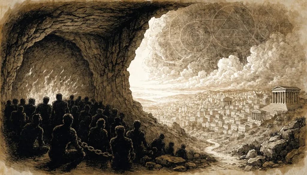 A cave of chained watchers opens toward Athens and a bright sky of geometric forms, suggesting Plato's ascent from shadows to reality.
