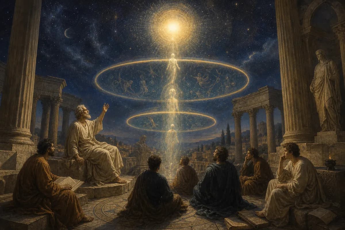 Plotinus's school in Rome beneath a radiant sphere of the One, luminous rings of Intellect and Soul above marble columns.