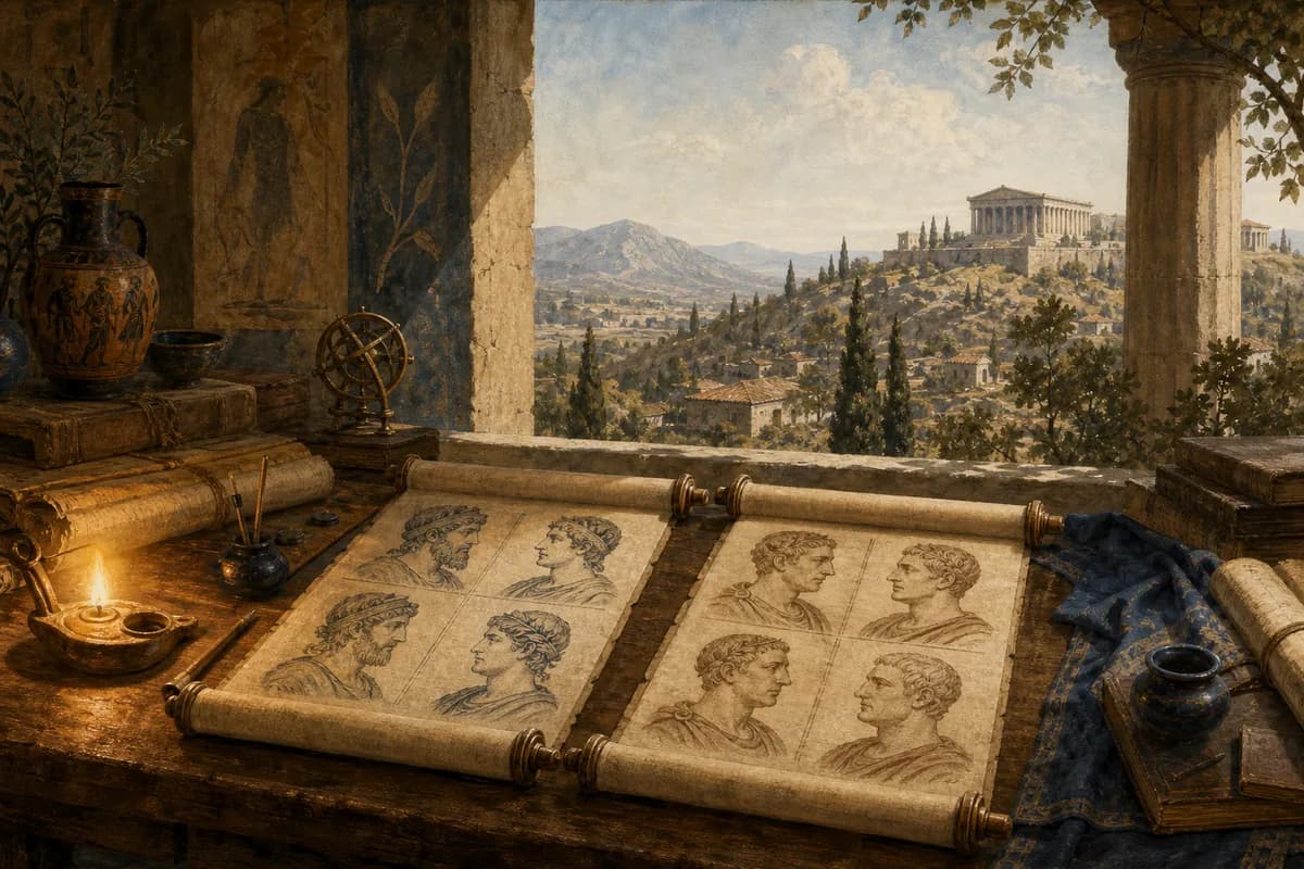 Plutarch sessiz Kaironeia'da eşleştirilmiş yaşamlar yazıyor; masasında Yunan ve Roma tomarları, yamaçta uzakta Delphi tapınağı.