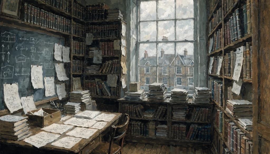 A postwar London study, 1955, overflowing bookshelves mixing science and philosophy texts, a blackboard with logical diagrams, grey London sky through a tall sash window.
