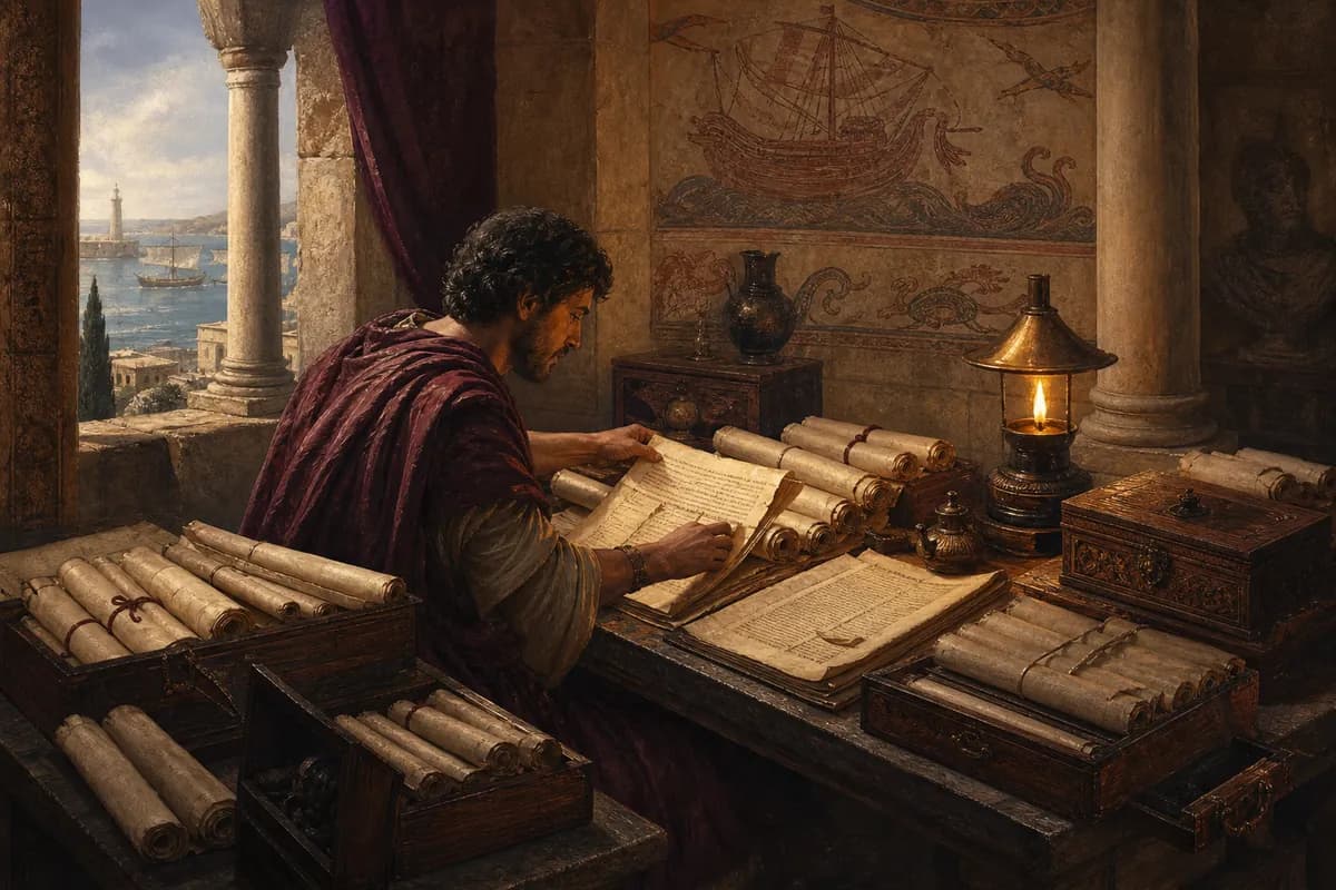 Porphyry arranges Plotinus's manuscripts into the Enneads in a Roman study, scrolls and cedar boxes by lamplight.