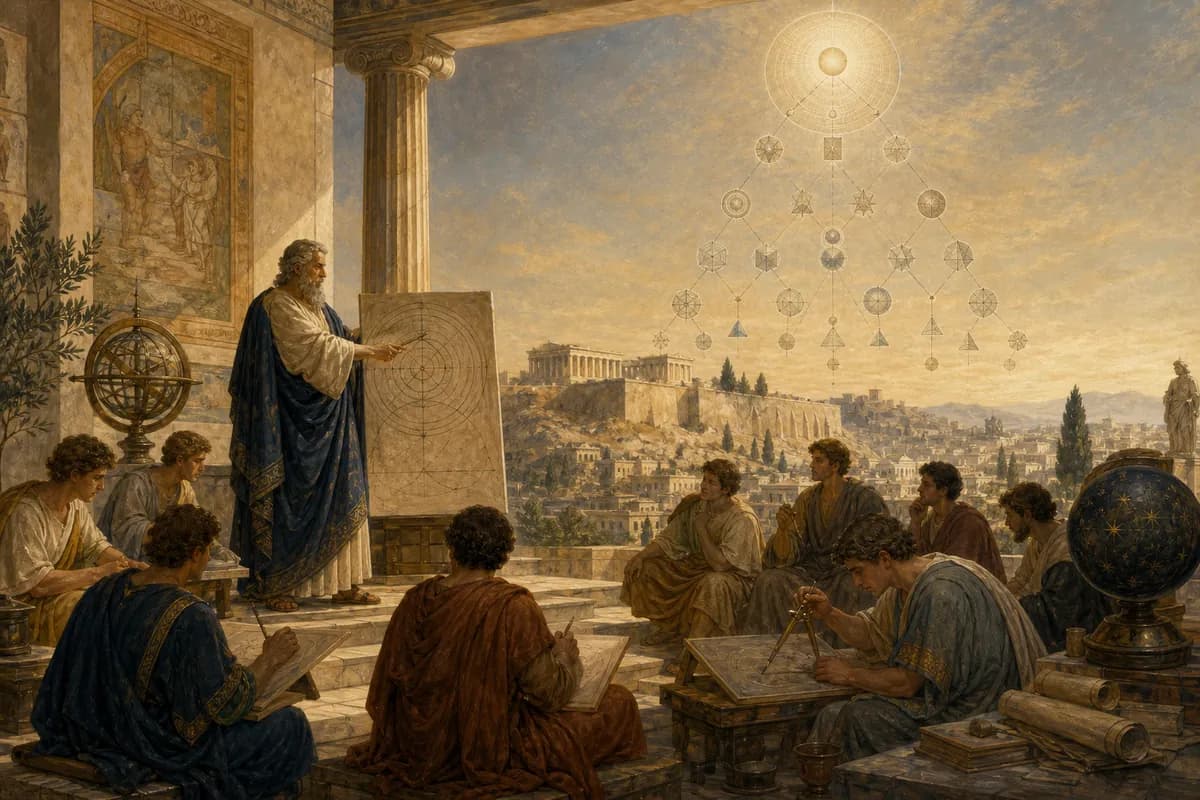 Proclus Atina'da Platon Akademisi'nde ders veriyor; Birden inen geometrik önerme zincirleri, pergel ve uzakta Akropolis.