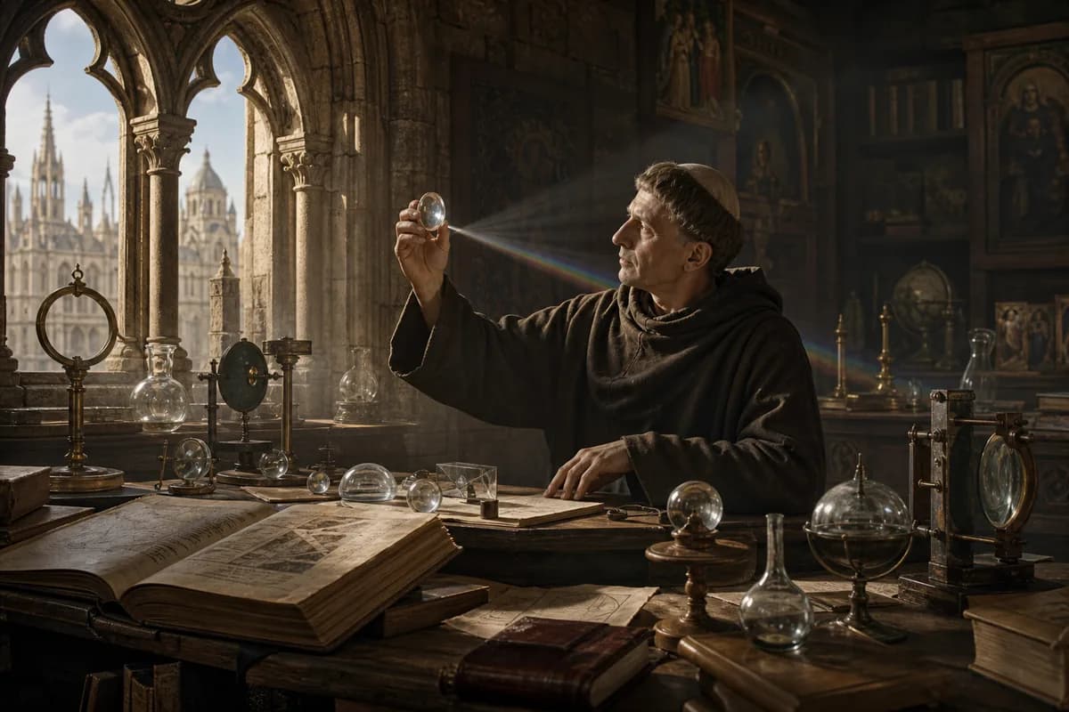Roger Bacon experiments with lenses and light at Oxford, Opus Majus urging experience over authority, early science.