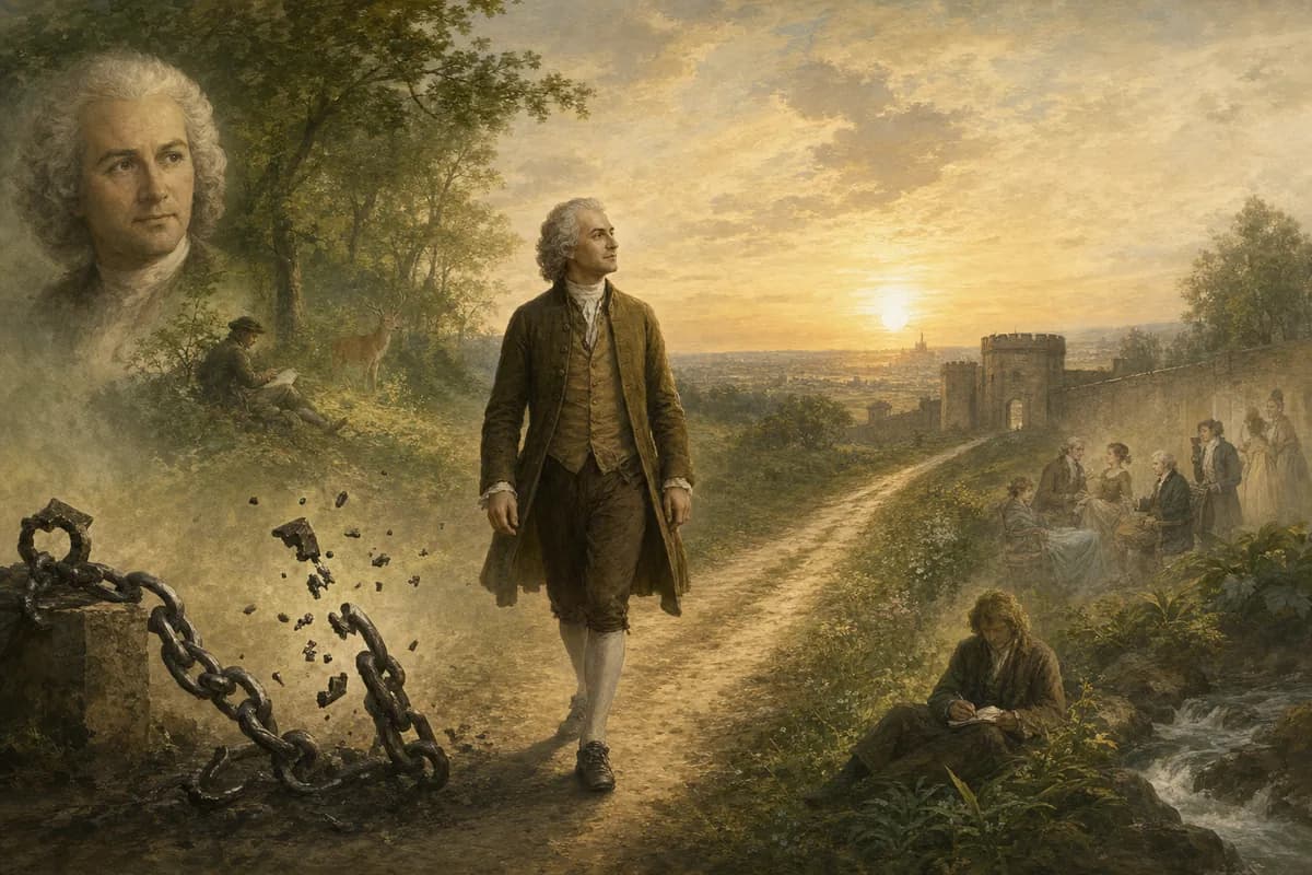 Rousseau walks the road to Vincennes at dawn, chains of society breaking, nature and general will rising.