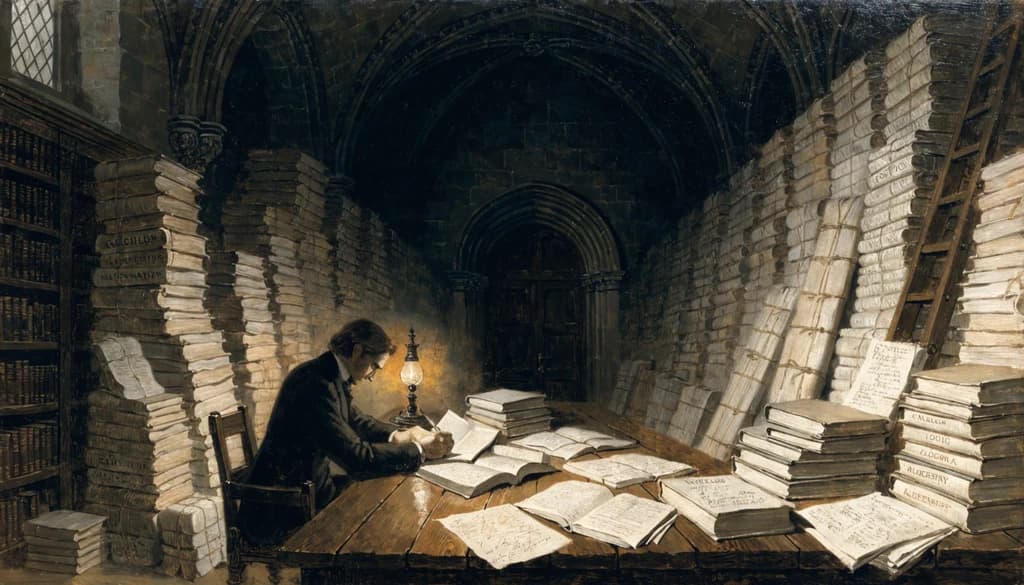 Gece Trinity College Cambridge kütüphanesi, uzun meşe masada mantık metinleri kuleleriyle çevrili yalnız bir akademisyen, sıcak lamba ışığı, yukarıda tonozlu tavan.