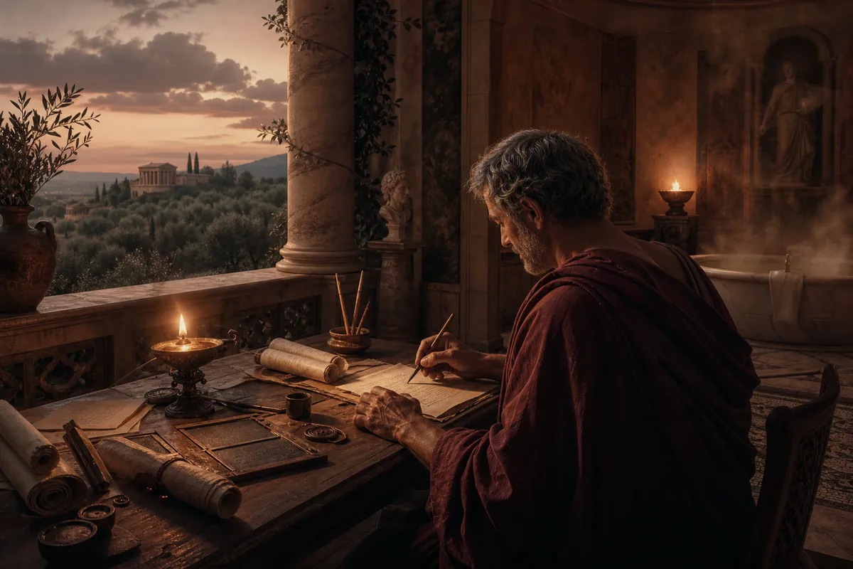 Seneca, zeytinliklere bakan bir Roma villasında lamba ışığında mektup yazıyor; yakında balmumu tabletler ve tomarlar, tepelerde alacakaranlık.