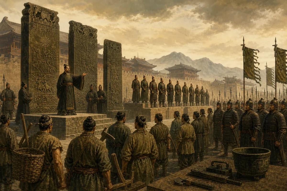 Shang Yang Xianyang'da kamu yasa stelleri dikiyor; Qin reformları çiftçi ve askeri liyakate göre sıralıyor.