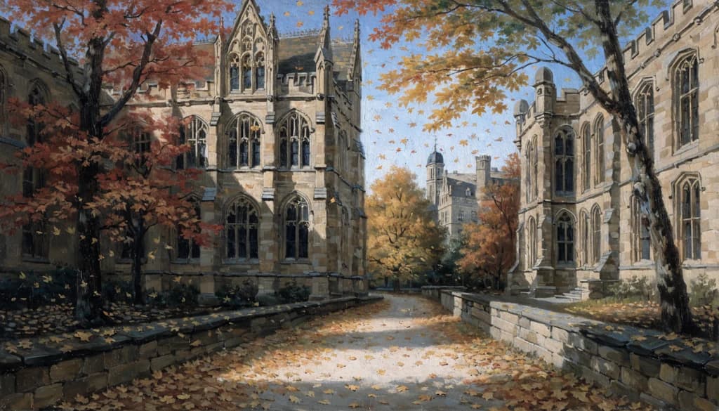Sonbaharda Princeton Üniversitesi kampüsü, Gotik taş binalar arasında yaprak kaplı yol, düşen kırmızı ve altın akçaağaç yaprakları, kumtaşı cephelerde öğleden sonra güneşi.