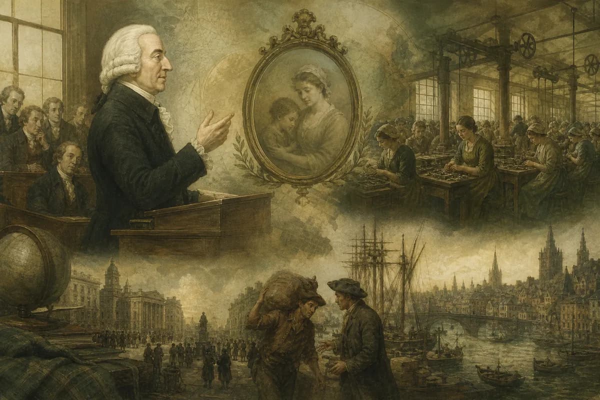 Adam Smith Glasgow ders salonunda; sempati aynası ve iğne fabrikası, ahlak felsefesi ticaretle buluşuyor.