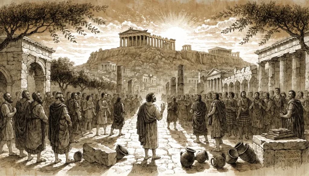Socrates questions a gathered crowd in the Athenian agora, with the Acropolis rising behind the open public square.
