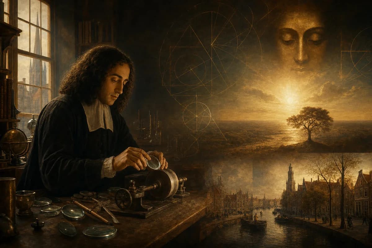 Spinoza Lahey'de kiralık odada mercek bileiyor; Ethics geometrik kanıtlar, Tanrı ile Doğa tek öz.