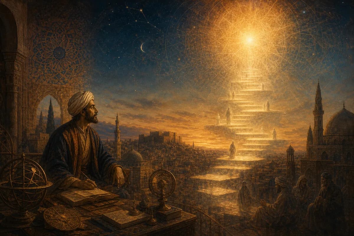 Suhrawardi walks through Aleppo at twilight, being as radiance, angels of light descending geometric stairs.