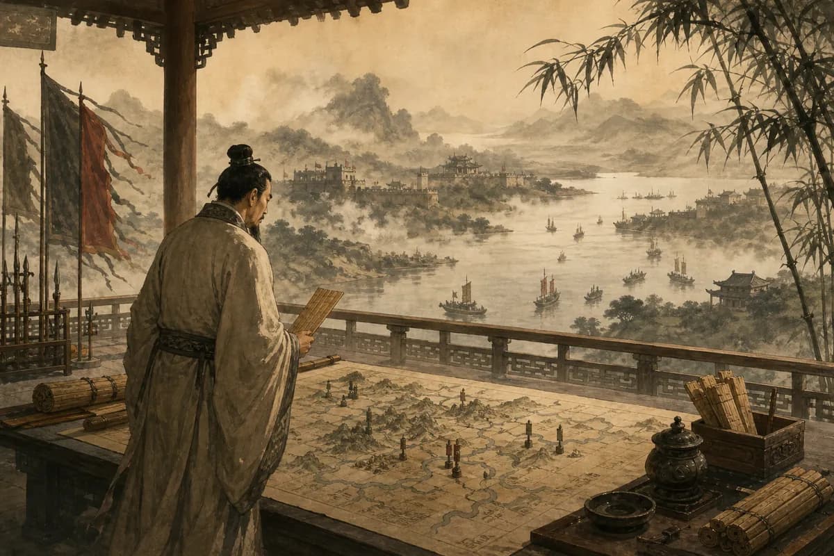 Sun Tzu studies a battlefield map in a Wu pavilion, bamboo slips of the Art of War, Yangtze mist.