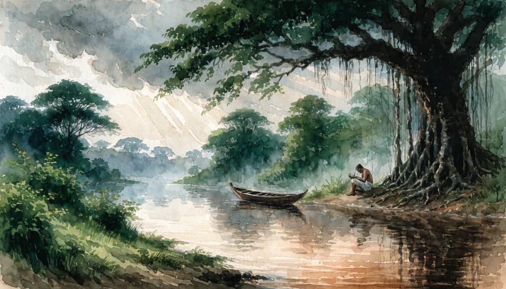 Muson mevsiminde şafakta bir Bengal nehri, yemyeşil kıyılar, durgun kehribar renkli suda tahta bir sandal, yüzeyden yükselen sabah sisi, banyan ağacı altında yazan yalnız bir figür.