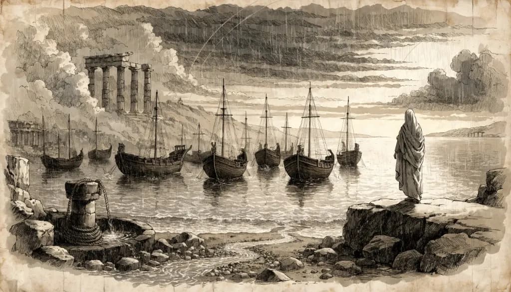 A robed figure watches ships in an Ionian harbor, with ruins, still water, and rain lines suggesting nature studied through the sea.