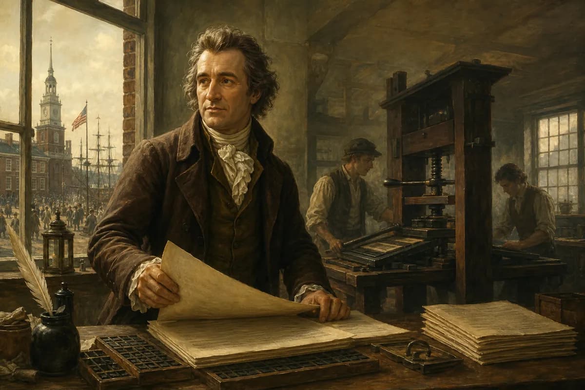 Thomas Paine prints Common Sense in Philadelphia, plain pamphlet igniting independence, rights of man in the margins.