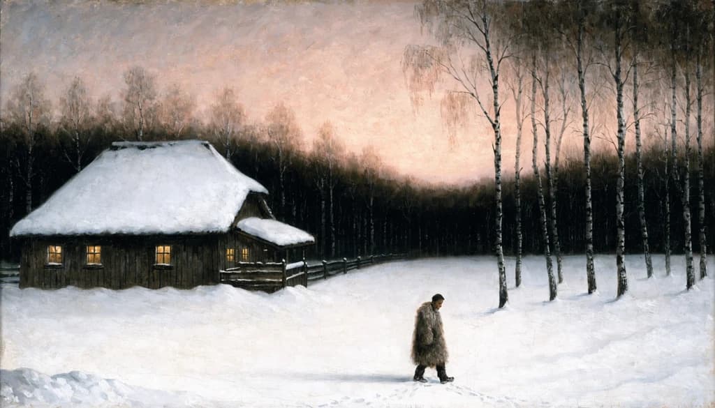 A Russian country estate in winter at dusk, birch trees silhouetted against a pale sky, a farmhouse with warm candlelight in its windows, snow stretching to the tree line, absolute stillness.
