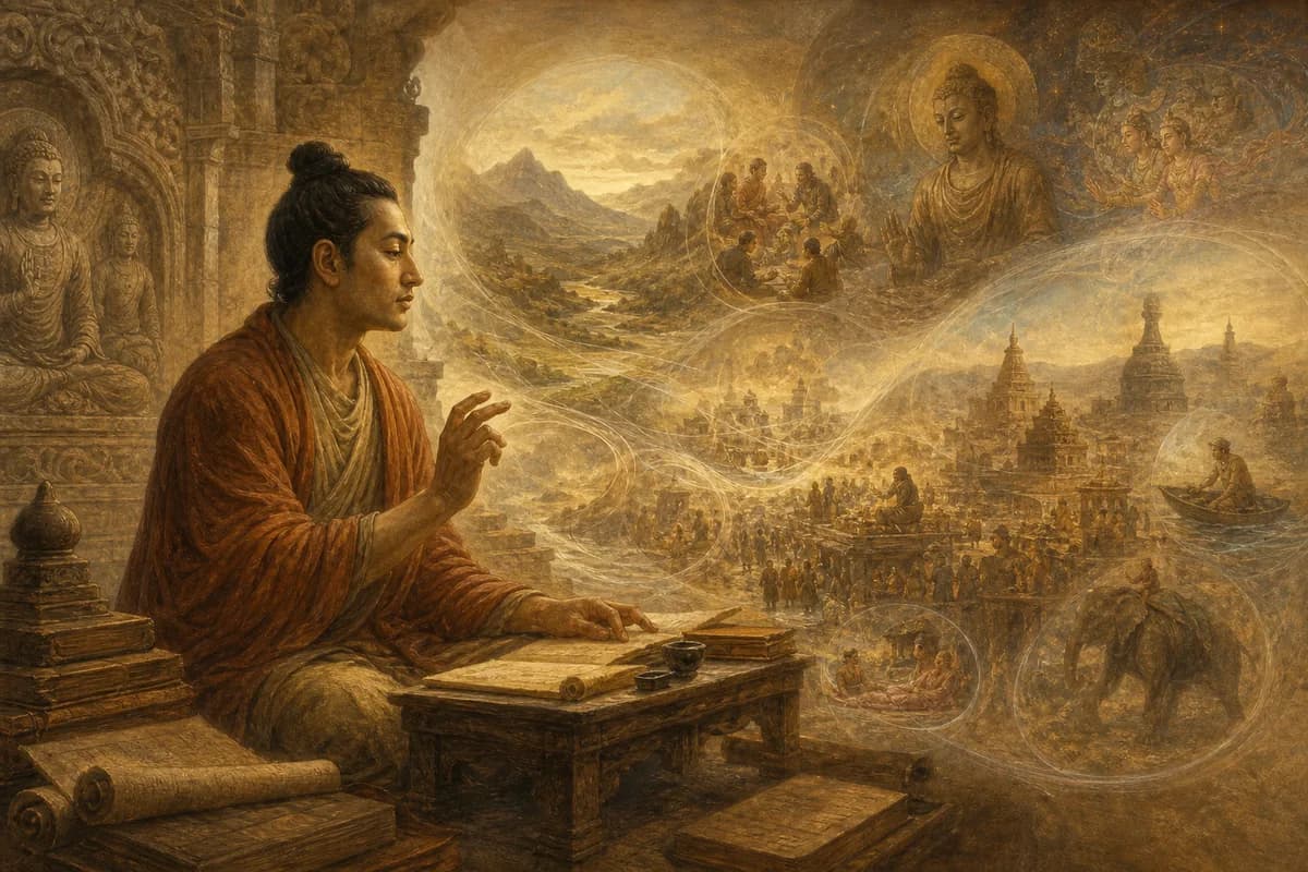 Vasubandhu maps mind-only philosophy in Gandhara, consciousness projecting a world solid as dream, Abhidharma lists unfolding.