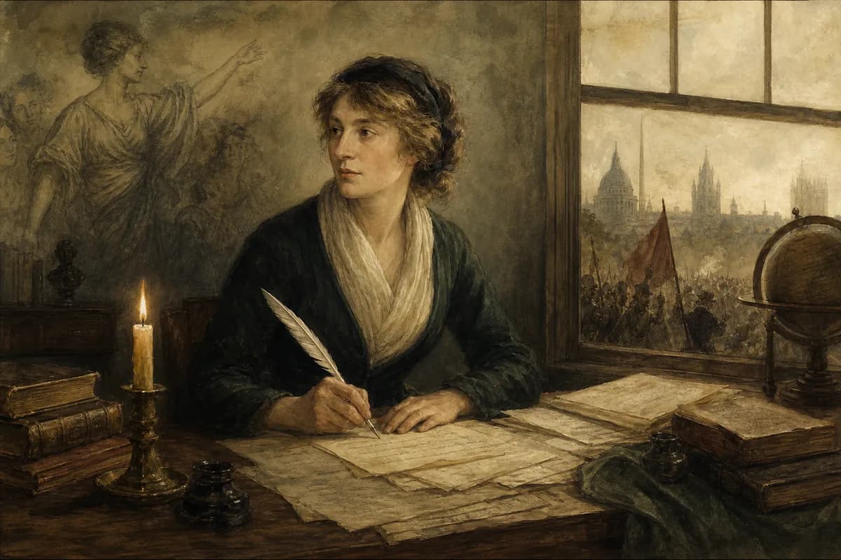 Mary Wollstonecraft writes Vindication in London, reason's rights extended to women, revolution papers scattered.