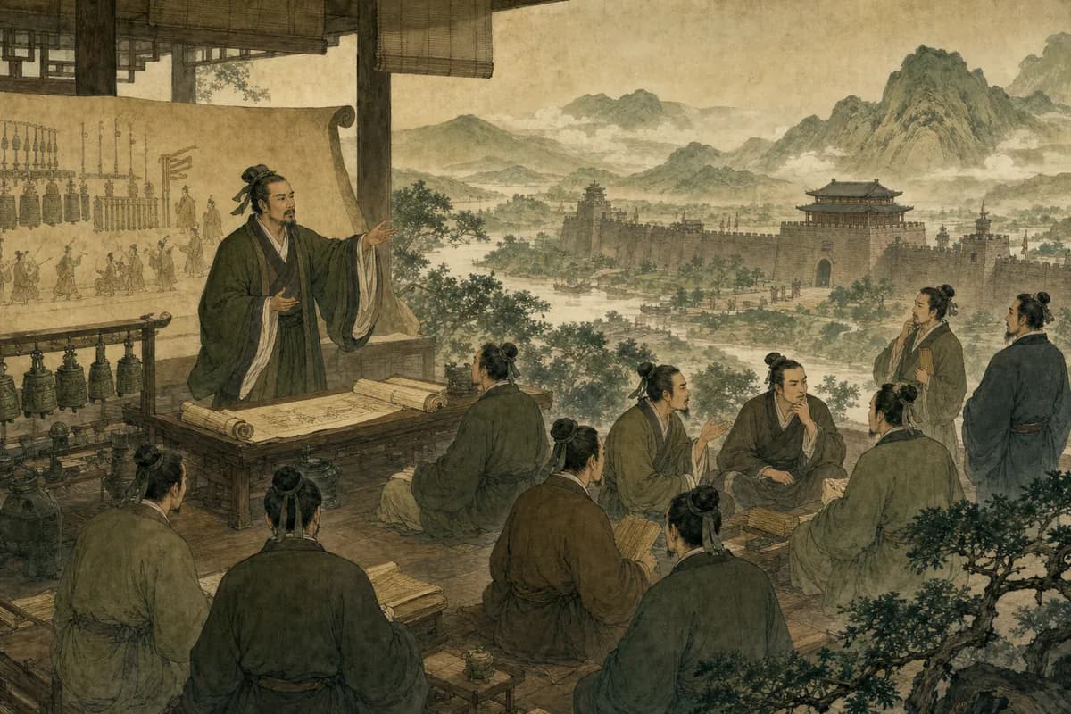 Xunzi lectures at the Jixia Academy with ritual music scrolls, students debating whether human nature must be straightened.