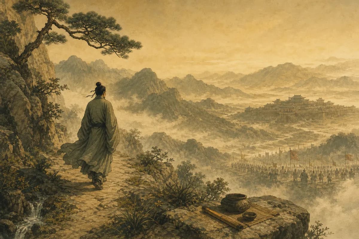 Yang Zhu walks alone on a mountain path, preserving his nature against the empire's demands.