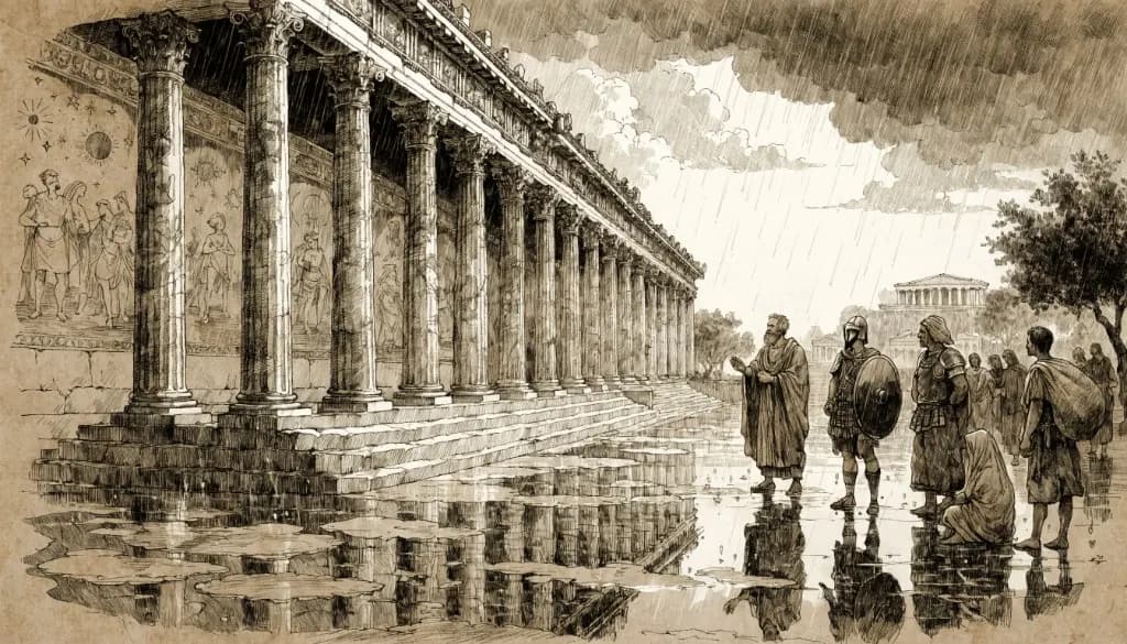 Zeno teaches beside a long painted Athenian colonnade after rain, with citizens, soldiers, and travelers listening under clearing clouds.