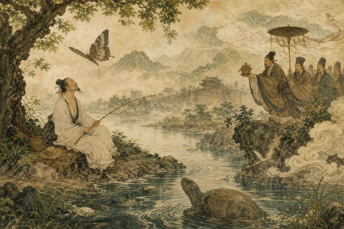 Zhuangzi fishes by a river while officials offer power, butterfly and turtle imagery, wild Daoist freedom in mist.